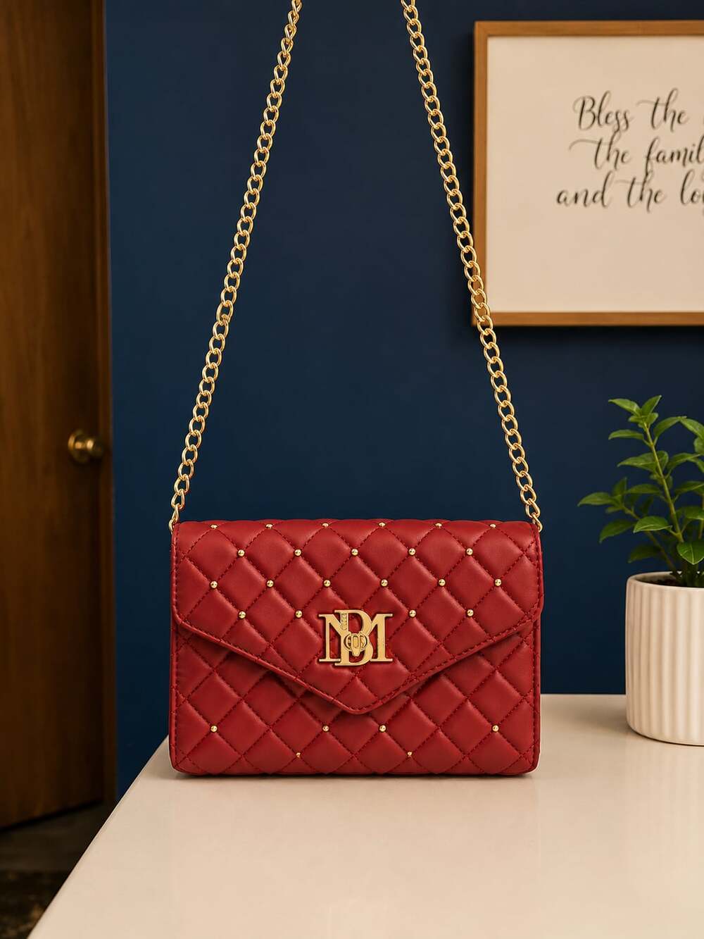 Badgley Mischka Diamond Quilted Convertible Crossbody Bag in Red
